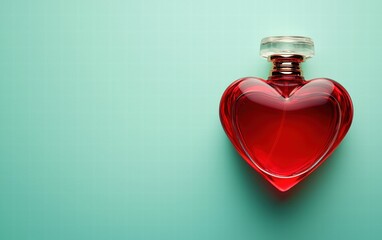 A heart-shaped perfume bottle with a vibrant red liquid, perfect for valentines day, on a pastel green background