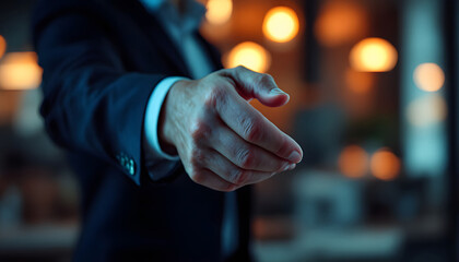 Business shaking hands, symbolizing agreement, partnership, or business deal. The focus is on the clasped hands