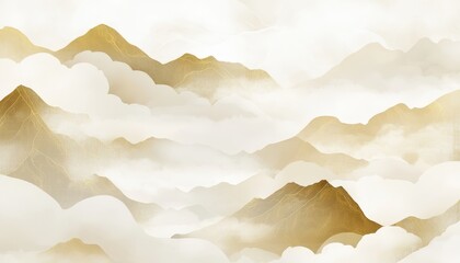 Light-colored background, mountains made of clouds and mist in the distance, Stereoscopic mountain range，vector illustration style, light gray and gold, flowing brushwork, landscape painting in the st