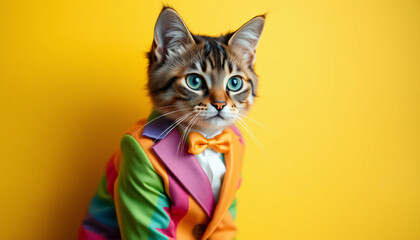 cat dressed in a colorful suit against a vibrant yellow background