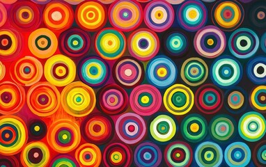 A hypnotic abstract pattern of concentric circles in vivid rainbow hues, creating a glowing, kaleidoscopic effect