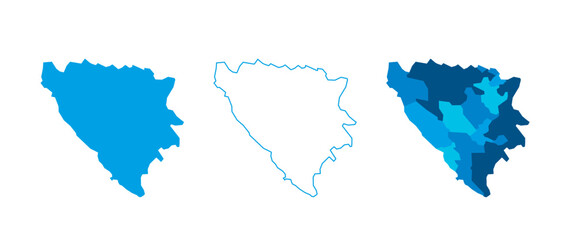 Bosnia and Herzegovina set of three maps - solid map, outline map and map highlighting administrative divisions. Three distinct maps illustrate various representations of a geographical area.