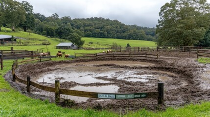 Fototapeta premium A muddy circular pen on a farm surrounded by green hills and trees.