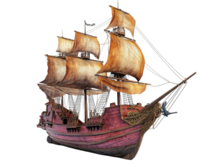 realistic pirate ship ride with detailed sails and wooden structure, isolated on transparency background, showcasing intricate design and craftsmanship