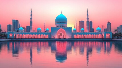 Fototapeta premium Sunrise reflecting on a grand mosque.