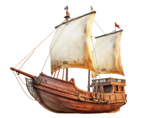 realistic pirate ship with billowing sails and intricate wooden details, isolated on transparency background, evokes sense of adventure and exploration