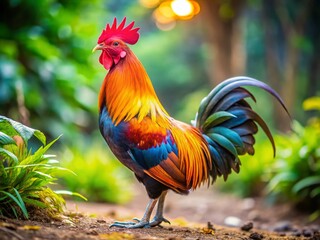 Fototapeta premium Stunning Thai Chicken - Northern Breed, Rural Farm Scene, Copy Space
