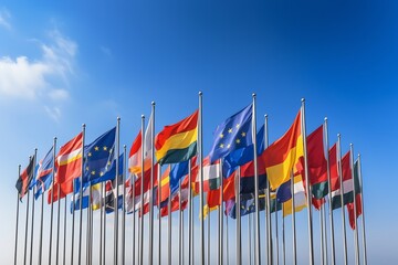 Obraz premium Vibrant flags waving against a clear blue sky in a global gathering. Generative AI