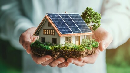 A small house with solar panels is gently cradled in hands, symbolizing care for sustainable living and renewable energy. This visual promotes eco-friendly home designs and green energy solutions.. AI