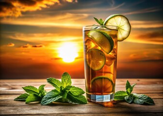 Silhouette photography showcases a refreshing summer iced tea, subtly infused with cucumber and mint.