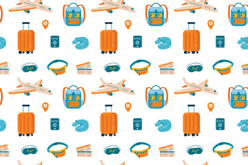 Seamless pattern with luggage and travel icons. Vector illustration.