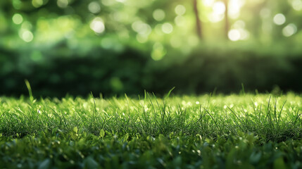 Fototapeta premium lush green grass with morning dew under soft sunlight in a tranquil garden