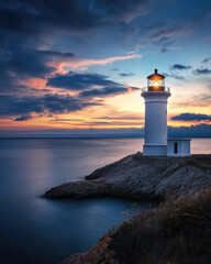 Lighthouse on a rocky shore at sunset with vibrant sky colors