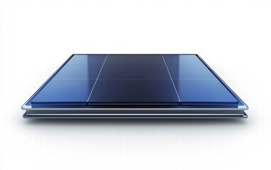 A precise 3D model of a flat solar panel with dark blue photovoltaic cells and thin metal borders, isolated on white