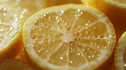 "A vibrant pattern of fresh lemon slices arranged in a close-up view, showcasing their bright yellow color and detailed textures, creating a refreshing and zesty background."

