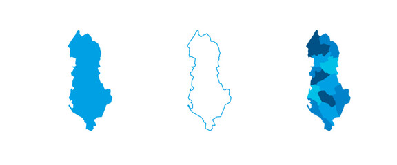 Obraz premium Albania set of three maps - solid map, outline map and map highlighting administrative divisions. Three distinct maps illustrate various representations of a geographical area.