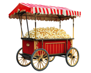 vintage popcorn cart with red and white striped canopy is filled with popcorn, evoking nostalgic and festive atmosphere. cart ornate design and vibrant colors make it eye catching