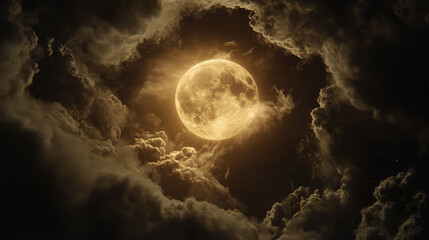"A radiant full moon illuminating the night sky, surrounded by soft, drifting clouds that add depth and mystery to the scene."

