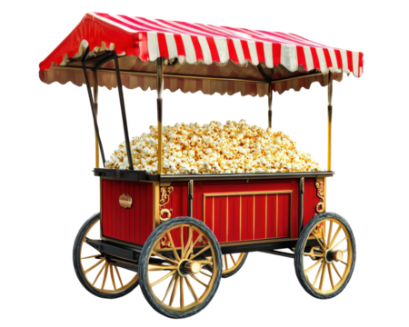 vintage popcorn cart with red and white striped canopy is filled with popcorn, evoking nostalgic and festive atmosphere. cart ornate design and vibrant colors make it eye catching