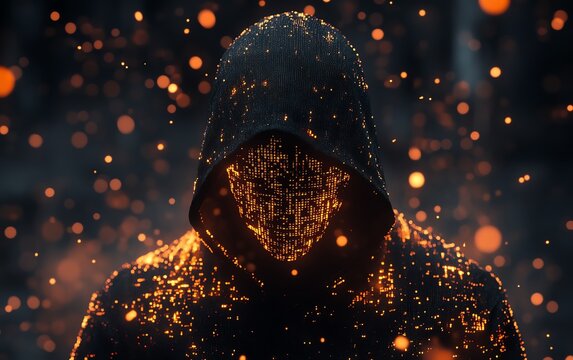 A dark silhouette in a hoodie with a binary code face, representing the anonymity of a hacker or programmer, surrounded by glowing data streams and tech patterns