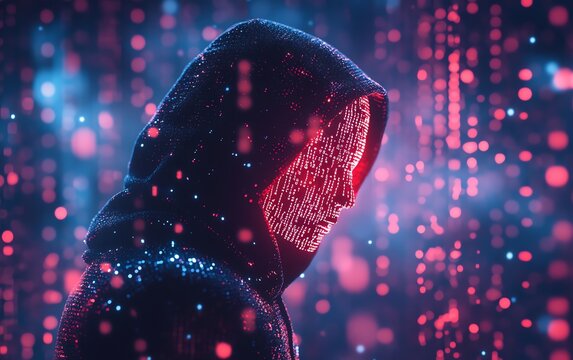 A dark silhouette in a hoodie with a binary code face, representing the anonymity of a hacker or programmer, surrounded by glowing data streams and tech patterns