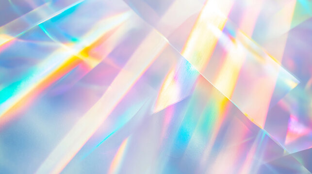 Holographic rainbow light refraction texture overlay with abstract soft bokeh effect on a white wall backdrop. Natural prismatic glow and shadows. Background with copy space. For design
