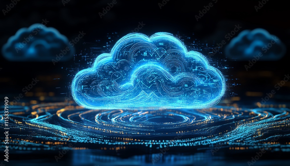 Poster a glowing blue cloud symbol against a dark background, symbolizing cloud computing and digital stora