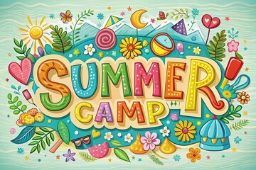 Fototapeta premium Summer Camp Hand-Drawn Banner - Fun Kids Activities, Bright Colors, Copy Space