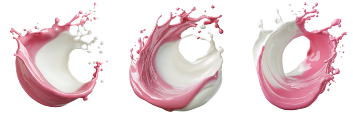 Strawberry milk mixed white milk. Pink and white color liquid on transparent background