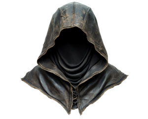 realistic, weathered rogue hood is isolated transparency background, showcasing intricate stitching and mysterious, shadowy interior. hood texture and design evoke sense of adventure and secrecy