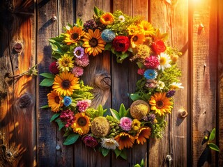 Fototapeta premium Summer Flower Wreath on Rustic Wooden Door - Vibrant Floral Summer Stock Photo