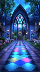 Fototapeta premium Enchanting Night Garden Path Gothic Arch Stained Glass Fantasy Architecture
