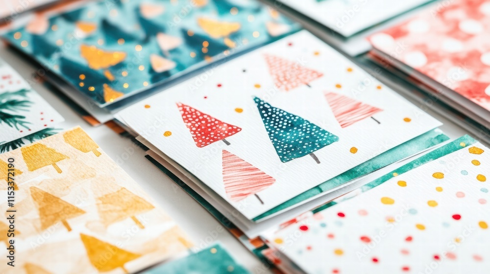 Aufkleber Colorful Christmas cards featuring artistic tree designs with various festive patterns displayed on a flat surface. Generative AI