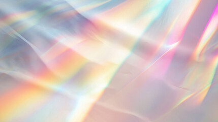 Holographic rainbow light refraction texture overlay with abstract soft bokeh effect on a white wall backdrop. Natural prismatic glow and shadows. Background with copy space. For design