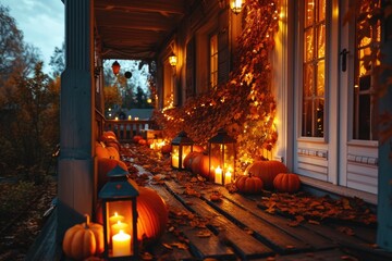 Naklejka premium Autumn Harvest: Porch Decorated with Pumpkins and Lanterns, Thanksgiving Home Exterior Decoration