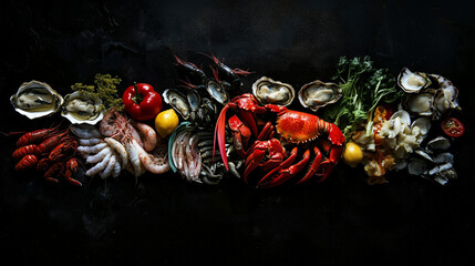 Naklejka premium Variety of fresh seafood, shrimp, crab, oyster, lobster, scallop, squid on dark background, empty space, high angle view. 