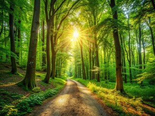 Fototapeta premium Sun Dappled Green Pathway: Lush Foliage and Natural Light Stock Photo
