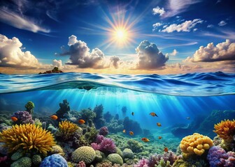Sun Drenched Ocean Surface & Underwater Scene: Blue Water, Sunny Sky, Clouds