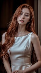 Naklejka premium A Korean woman with red hair is wearing a sleeveless white dress and is gently touching her hair with one hand.