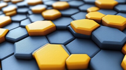 Abstract 3D hexagons, yellow and blue.