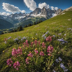Idyllic mountain landscape in the Alps with blooming meadows in springtime.

