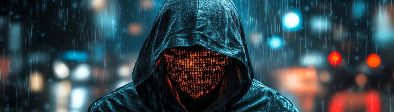 A hooded figure with a binary code face, symbolizing a mysterious hacker or programmer, set in a cyberpunkinspired, dark technological environment