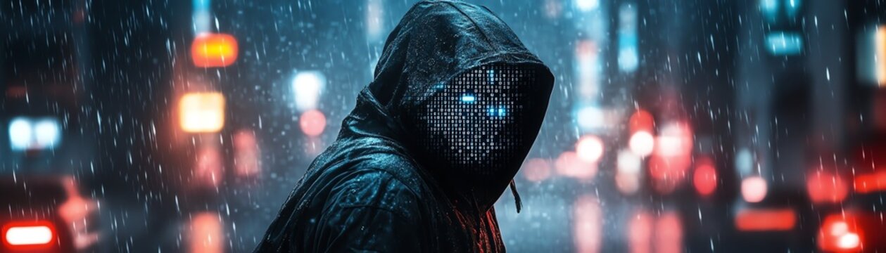 A hooded figure with a binary code face, symbolizing a mysterious hacker or programmer, set in a cyberpunkinspired, dark technological environment