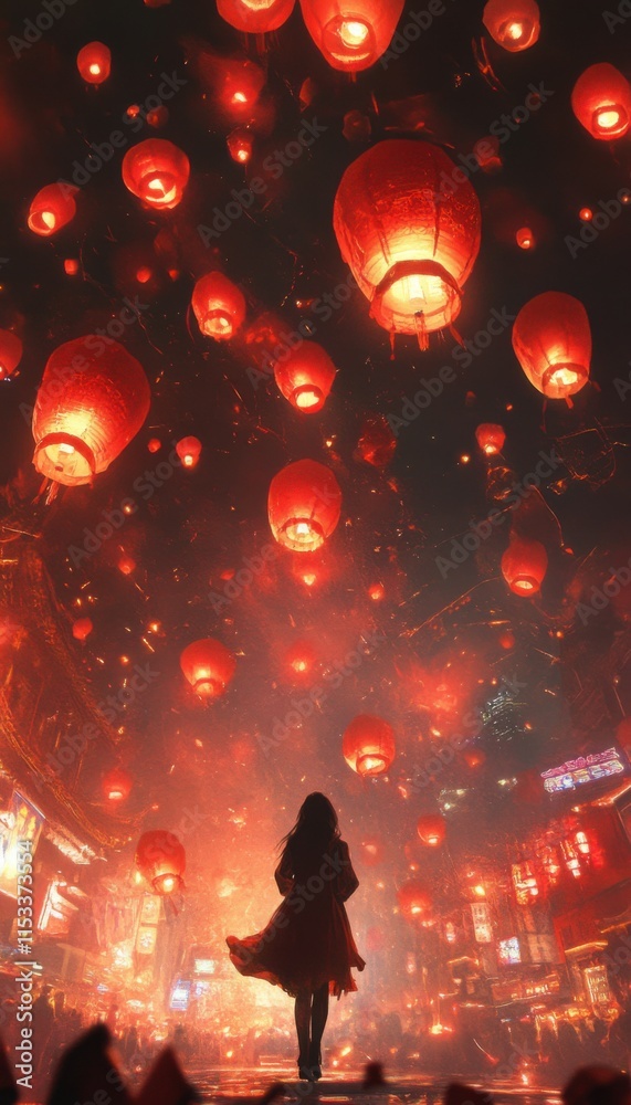 Poster a girl is at the center of the picture, surrounded by floating red lanterns in a chinese new year at