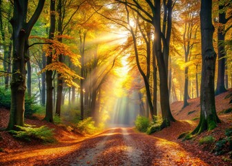 Sunlit Autumn Forest Path: Misty Morning Hike, Golden Leaves, Sunlight Through Trees