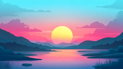 Fototapeta premium the generated image of the beautiful sunset or sunrise summer landscape with a serene lake and vibrant, colorful skies.