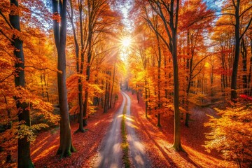 Obraz premium Sunlit Autumn Forest Path: Drone View of Golden Leaves and Majestic Trees