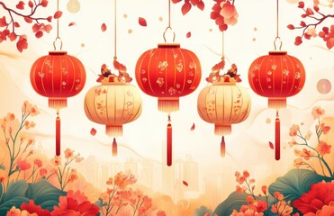 Chinese New Year background with lanterns and flowers, hanging traditional Chinese lamps, Chinese city in the distance, light yellow sky, flying orange flower petals, cheerful atmosphere.