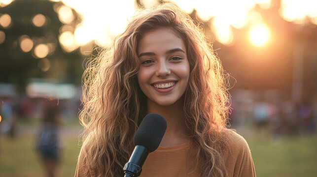 Confident Young Woman Journalist Holding a Reporting Mic in Casual Outfit