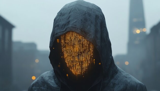 A mysterious figure in a hoodie, with a face composed of glowing binary code, embodying an anonymous hacker or programmer in a futuristic digital environment